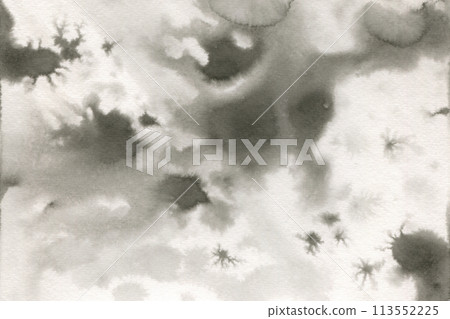Watercolor texture. Gray and black blurry spots and splashes. Simulates the effect of smoke or thunderclouds. Stone texture for banner, wallpaper, poster. Abstract blurred grunge background. Watercolor texture. Gray and black blurry spots and splashes. Simulates the effect of smoke or thunderclouds. Stone texture for banner, wallpaper, poster. Abstract blurred grunge background. 113552225