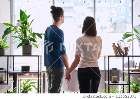 Back view, silhouette of young couple holding hands looking out window Back view, silhouette of young couple holding hands looking out window 113552375