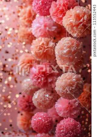 Pink and Orange Pom Poms Hanging on a String Pink and Orange Pom Poms Hanging on a String 113552443