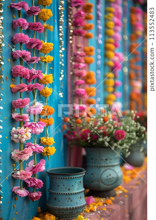 Row of Vases Filled With Flowers Next to Blue Wall 113552483