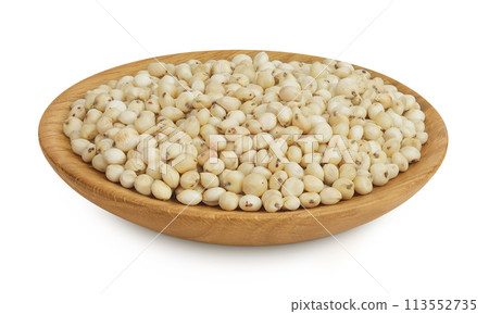 Sorghum seeds in wooden bowl isolated on white background with full depth of field. 113552735