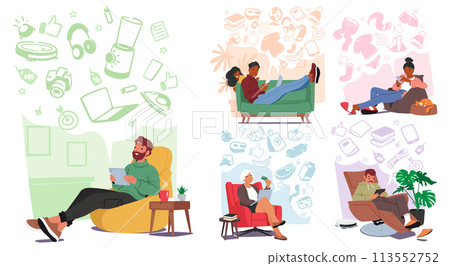 Characters Browse Websites, Compare Prices, And Purchase Items Online. Different People Enjoying The Convenience 113552752