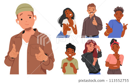 Set of Male and Female Characters Pointing Directly At The Viewer With A Playful, Inviting Gesture. People Smile Radiant 113552755