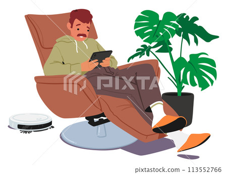 Man Comfortably Seated In An Armchair, Engrossed In His Tablet. Relaxed Male Character Browses And Shops Online Man Comfortably Seated In An Armchair, Engrossed In His Tablet. Relaxed Male Character Browses And Shops Online 113552766
