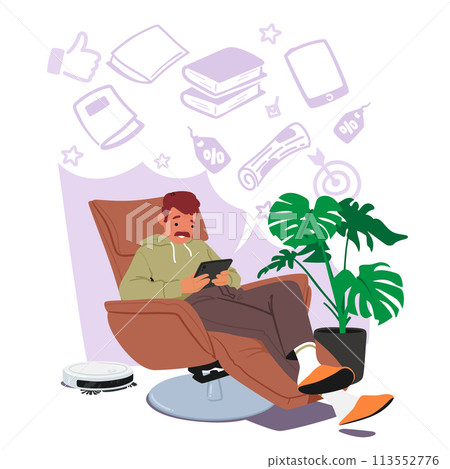 Male Character Browses His Tablet, Selecting Books Or Household Items With Ease, Enjoying The Convenience Of Online 113552776