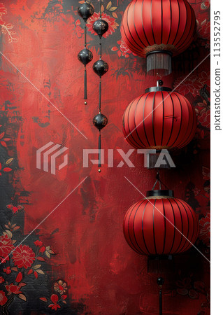 Three Red Lanterns Hanging From a Red Wall 113552795