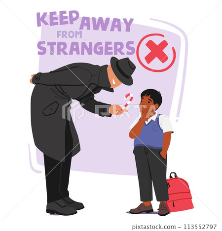 Suspicious Stranger Character In A Black Coat And Hat Lures A Young Schoolboy With Candy, Illustrating The Danger 113552797