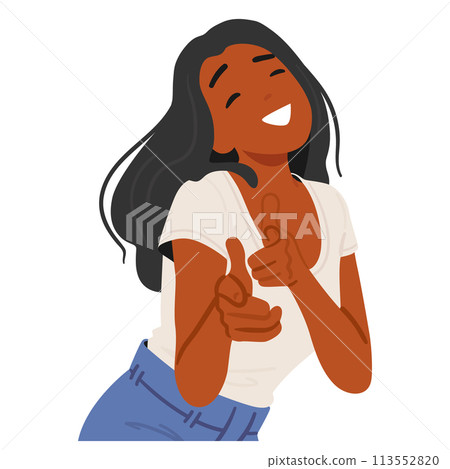 Radiant Black Female Character Smile With Pointed Fingers, Eyes Alight With Joy, Invites You Warmly, Exuding Positivity Radiant Black Female Character Smile With Pointed Fingers, Eyes Alight With Joy, Invites You Warmly, Exuding Positivity 113552820