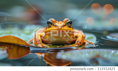 Frog Sitting on Top of a Leaf in Water 113552825
