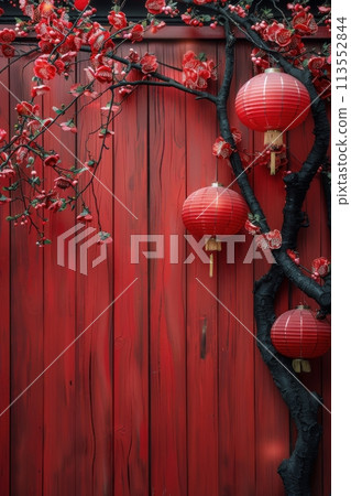Three Red Lanterns Hanging From a Red Wall 113552844