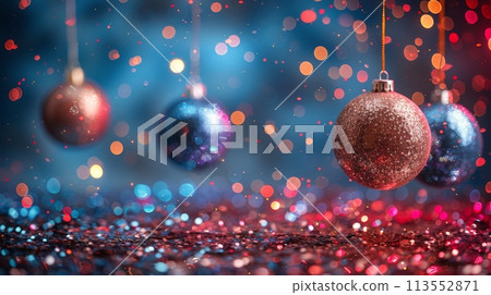 Group of Christmas Ornaments Hanging From Strings 113552871