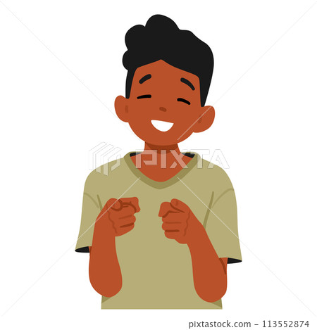 Young Smiling Child Character Pointing Directly At The Viewer With Both Index Fingers, Displaying Innocence Young Smiling Child Character Pointing Directly At The Viewer With Both Index Fingers, Displaying Innocence 113552874