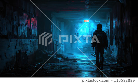 man in a dark and gloomy underground passage sees the inscription "exit" 113552889