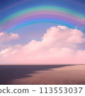 天空中懸掛著一條大彩虹的插圖，整個彩虹混合著粉紅色。 113553037