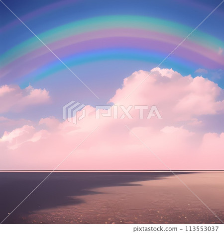 天空中懸掛著一條大彩虹的插圖，整個彩虹混合著粉紅色。 113553037