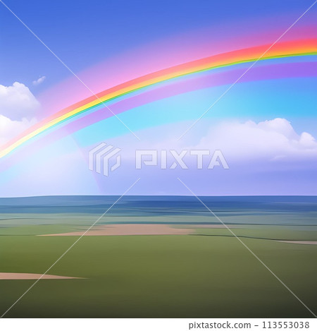 天空中掛著一條美麗的大彩虹的插圖 113553038