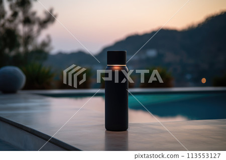 A black bottle rests on a wooden table overlooking a serene swimming pool, surrounded by lush plants with mountains in the horizon under a clear sky A black bottle rests on a wooden table overlooking a serene swimming pool, surrounded by lush plants with mountains in the horizon under a clear sky 113553127