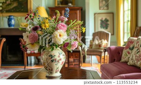 Beautiful bouquet of flowers in vase. Floral arrangement Beautiful bouquet of flowers in vase. Floral arrangement 113553234