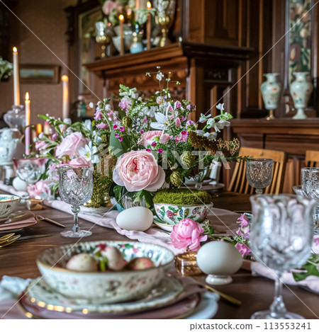 Easter table setting with painted eggs, spring flowers and crockery Easter table setting with painted eggs, spring flowers and crockery 113553241