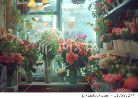 Warmly lit flower shop with a variety of fresh flowers on display 113553274
