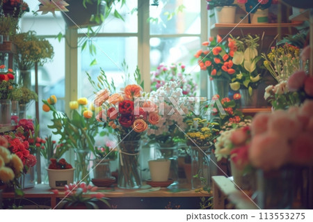 Array of vibrant flowers inside a delightful flower boutique 113553275