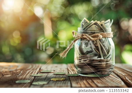 Glass jar full of coins and banknotes, symbolizing savings and financial growth, on a wooden surface with greenery in the background Glass jar full of coins and banknotes, symbolizing savings and financial growth, on a wooden surface with greenery in the background 113553342