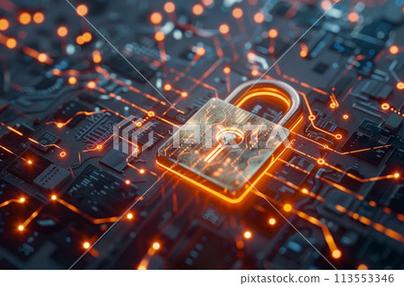 Glowing padlock symbolizes data protection on an intricate electronic circuit board backdrop 113553346