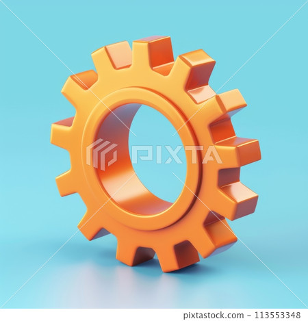 Single orange gear with a reflective surface in a high-quality 3d illustration against a smooth blue gradient background 113553348