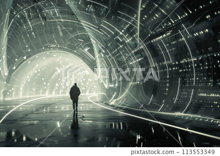 Solitary figure in expansive, well-lit futuristic gallery evokes feelings of curiosity and discovery 113553349