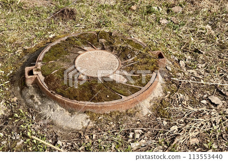 A rusty iron hatch with a pattern covered moss above an observation well is located next to a dry grass in the daytime. Close-up 113553440