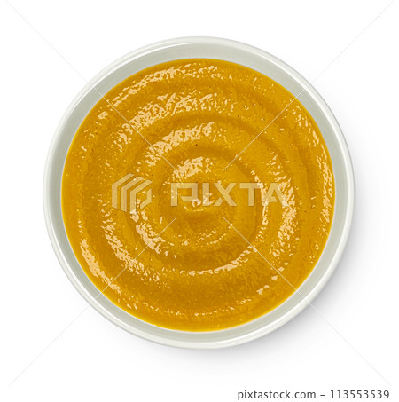 Pumpkin cream soup isolated on white background, top view, package design element Pumpkin cream soup isolated on white background, top view, package design element 113553539