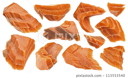 Smoked salmon pieces isolated on white background with clipping path 113553540