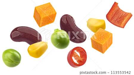 Mexican salad ingredients isolated on white background, corn, red beans, green peas and chili pepper slices mix Mexican salad ingredients isolated on white background, corn, red beans, green peas and chili pepper slices mix 113553542