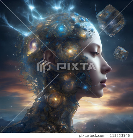 Ethereal Cyborg Contemplation at Sunset: Fusion of Flesh and Machine 113553546