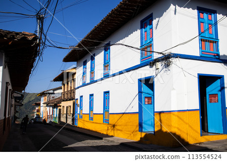 Beautiful streets at the historical downtown of the heritage town of Salamina located at the Caldas department in Colombia. 113554524