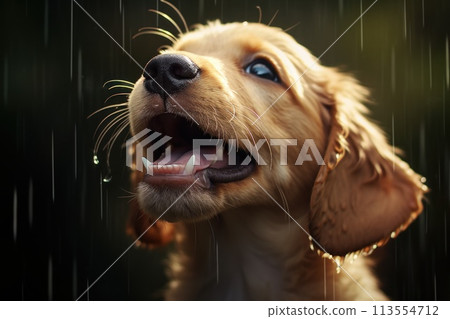 A puppy with floppy ears trying to catch the raindrops with its tongue 113554712