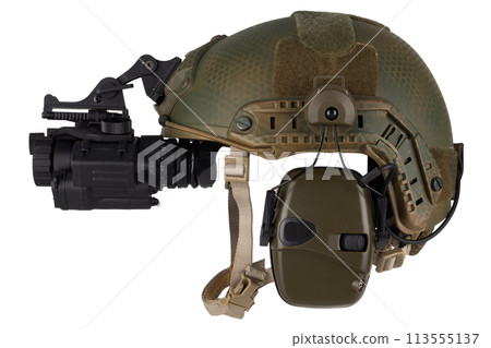 Night vision goggles on military helmet. 113555137