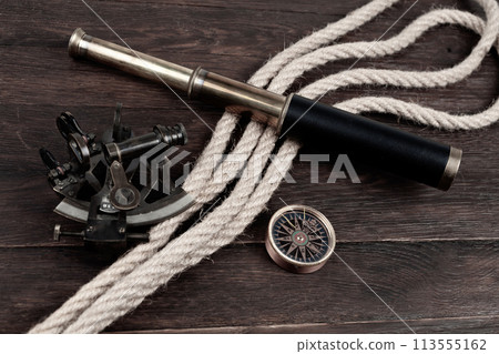vintage naval spyglass telescope with sextant and compass vintage naval spyglass telescope with sextant and compass 113555162