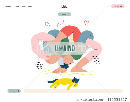 Life Unframed: Yoga -modern flat vector concept illustration of man tied himself in knot, doing yoga. Metaphor of unpredictability, imagination, whimsy, cycle of existence, play, growth and discovery 113555227