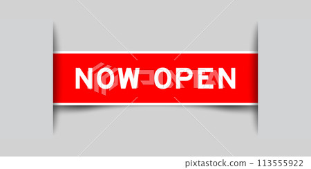 Green color square label sticker with word now open that inserted in gray background 113555922
