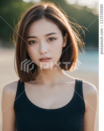 中等頭髮的女人,穿著背心,在海邊做可愛的臉 中等頭髮的女人,穿著背心,在海邊做可愛的臉 113556080