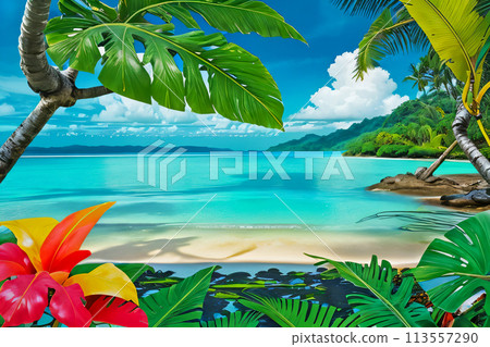 tropical beach with palms and plumeria tropical beach with palms and plumeria 113557290