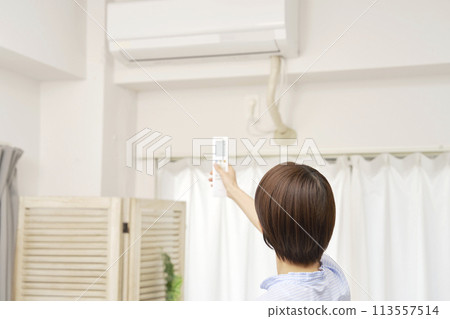 Rear view of a woman using an air conditioner remote control Rear view of a woman using an air conditioner remote control 113557514