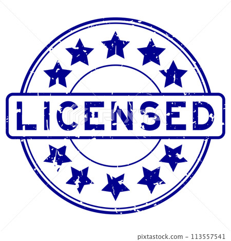 Grunge blue licensed word with star icon round rubber seal stamp on white background 113557541