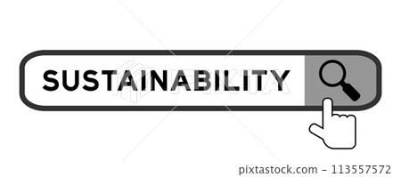 Search banner in word sustainability with hand over magnifier icon on white background Search banner in word sustainability with hand over magnifier icon on white background 113557572