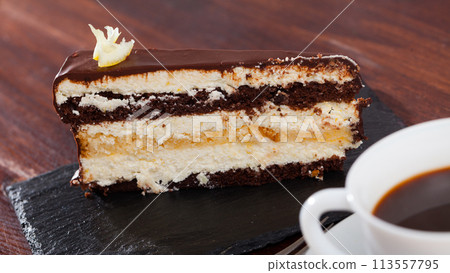 Delicious lemon сhocolate сake сloseup Delicious lemon сhocolate сake сloseup 113557795