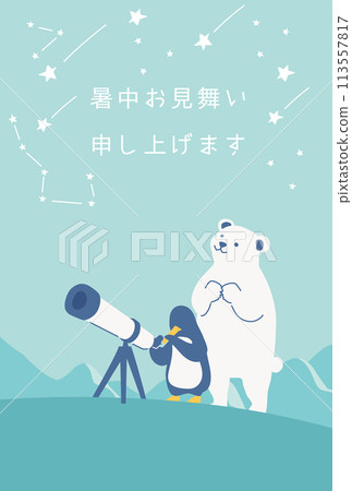 A summer greeting card featuring a penguin and a polar bear observing the stars 113557817