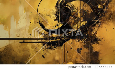 金色屏風上用黑色墨水繪製的日式抽象插圖 113558277