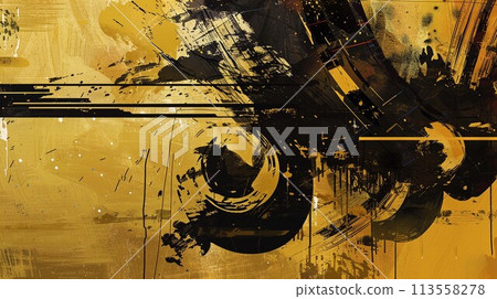 金色屏風上用黑色墨水繪製的日式抽象插圖 113558278