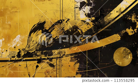 A Japanese-style abstract illustration, painted with black ink on a gold screen 113558295